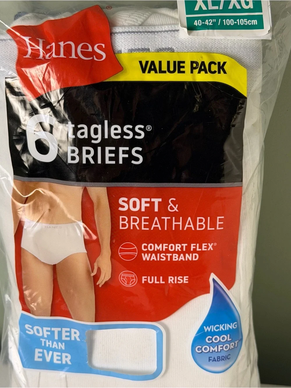 Hanes Men’s Tagless Briefs XL 40-42 White 100% Cotton 6 Pack Full Rise